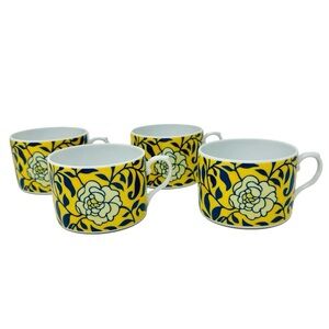 Cacharel Fine Porcelain Mugs Set of 4 Rose Floral White Yellow Blue Tea Coffee
